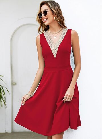 Womens Summer Lace Trim V-Neck Sleeveless Fit and Flare Tank Dresses with Pockets in Saudi Arabia