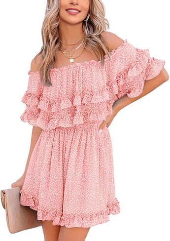 فستان Fazortev نسائي فضفاض بدون أكتاف صيفي مكشكش كاجوال برقبة مربعة وخصر مرن in Kuwait