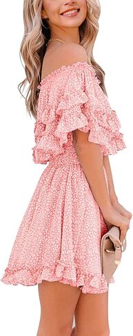 فستان Fazortev نسائي فضفاض بدون أكتاف صيفي مكشكش كاجوال برقبة مربعة وخصر مرن in Kuwait