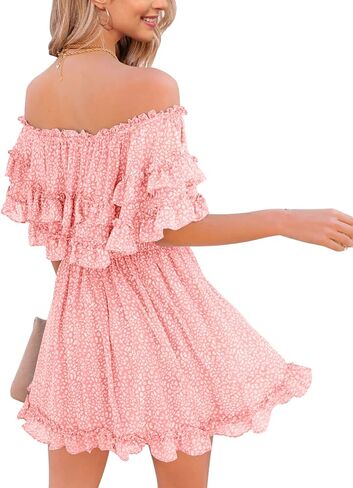 فستان Fazortev نسائي فضفاض بدون أكتاف صيفي مكشكش كاجوال برقبة مربعة وخصر مرن in Kuwait