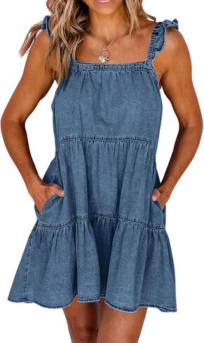 Newffr Womens Summer Denim Dress Square Neck Ruffle Trim Sleeveless Babydoll Dress Flowy Jean Dress with Pockets in Saudi Arabia