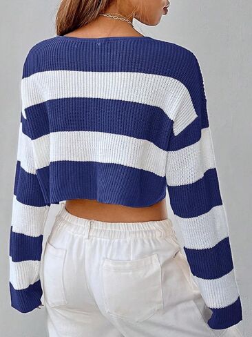 COZYEASE Women's Striped Print Long Sleeve V Neck Sweater Colorblock Crop Pullover Tops Knitwear in Saudi Arabia