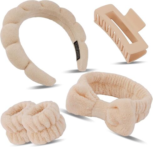 Canitor Sponge Spa Headbands Wristband Set with Hair Clips Skincare Headbands for Washing Face Non Slip Puffy Terry Cloth Makeup Headband Face Wash Wrist Bands Cute Trendy Stuff (black) in Saudi Arabia