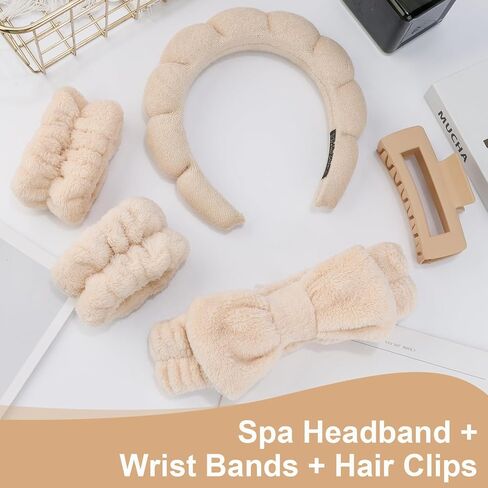 Canitor Sponge Spa Headbands Wristband Set with Hair Clips Skincare Headbands for Washing Face Non Slip Puffy Terry Cloth Makeup Headband Face Wash Wrist Bands Cute Trendy Stuff (black) in Saudi Arabia