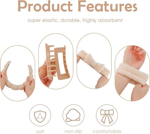 Canitor Sponge Spa Headbands Wristband Set with Hair Clips Skincare Headbands for Washing Face Non Slip Puffy Terry Cloth Makeup Headband Face Wash Wrist Bands Cute Trendy Stuff (black) in Saudi Arabia