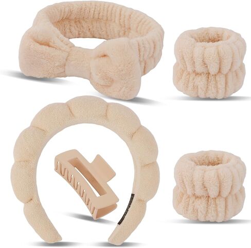 Canitor Sponge Spa Headbands Wristband Set with Hair Clips Skincare Headbands for Washing Face Non Slip Puffy Terry Cloth Makeup Headband Face Wash Wrist Bands Cute Trendy Stuff (black) in Saudi Arabia