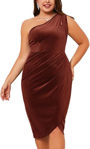 فستان مخملي بكتف واحد من زومفا، فستان ضيق مكشكش غير متماثل، فستان ضيق متوسط الطول انيق لحفلات الزفاف والضيوف والكوكتيل in Kuwait