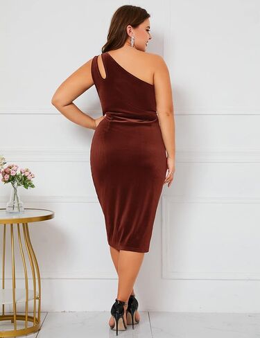 فستان مخملي بكتف واحد من زومفا، فستان ضيق مكشكش غير متماثل، فستان ضيق متوسط الطول انيق لحفلات الزفاف والضيوف والكوكتيل in Kuwait