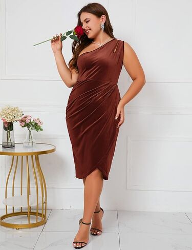 فستان مخملي بكتف واحد من زومفا، فستان ضيق مكشكش غير متماثل، فستان ضيق متوسط الطول انيق لحفلات الزفاف والضيوف والكوكتيل in Kuwait