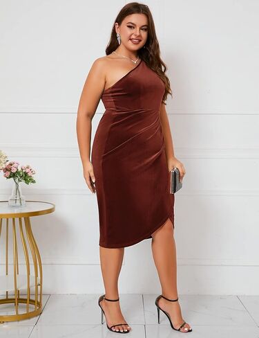 فستان مخملي بكتف واحد من زومفا، فستان ضيق مكشكش غير متماثل، فستان ضيق متوسط الطول انيق لحفلات الزفاف والضيوف والكوكتيل in Kuwait