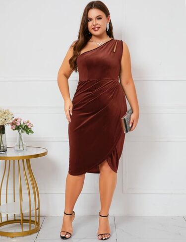 فستان مخملي بكتف واحد من زومفا، فستان ضيق مكشكش غير متماثل، فستان ضيق متوسط الطول انيق لحفلات الزفاف والضيوف والكوكتيل in Kuwait