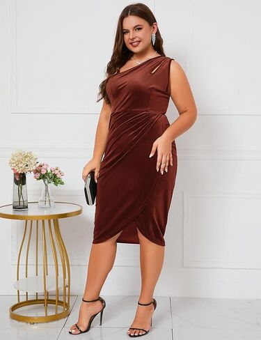 فستان مخملي بكتف واحد من زومفا، فستان ضيق مكشكش غير متماثل، فستان ضيق متوسط الطول انيق لحفلات الزفاف والضيوف والكوكتيل in Kuwait