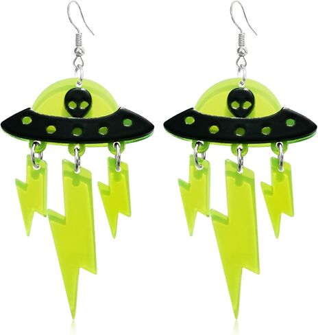 KVANU Acrylic UFO Aliens Lightning Earrings Cosmos Weird Novelty Fun Earrings Alien Earrings Glitter Space Earrings Cute Dangle Earrings for Women Girls, Multiple Colors in Saudi Arabia