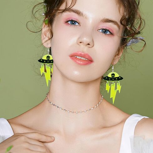 KVANU Acrylic UFO Aliens Lightning Earrings Cosmos Weird Novelty Fun Earrings Alien Earrings Glitter Space Earrings Cute Dangle Earrings for Women Girls, Multiple Colors in Saudi Arabia