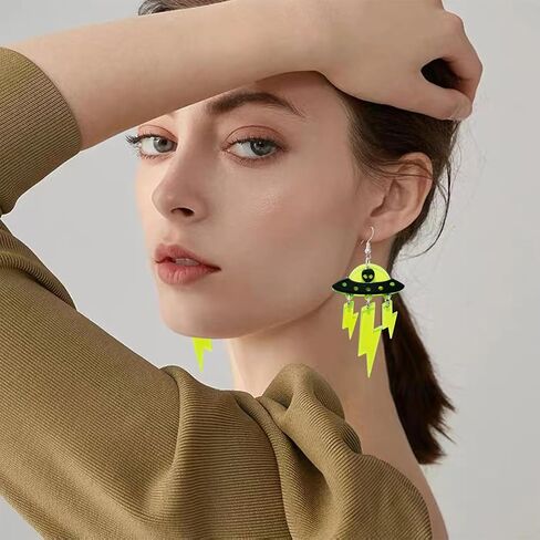 KVANU Acrylic UFO Aliens Lightning Earrings Cosmos Weird Novelty Fun Earrings Alien Earrings Glitter Space Earrings Cute Dangle Earrings for Women Girls, Multiple Colors in Saudi Arabia