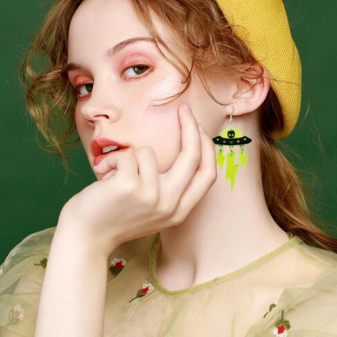 KVANU Acrylic UFO Aliens Lightning Earrings Cosmos Weird Novelty Fun Earrings Alien Earrings Glitter Space Earrings Cute Dangle Earrings for Women Girls, Multiple Colors in Saudi Arabia