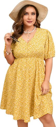 فستان ShopWonder صيفي مقاس كبير للنساء مقاس كبير ورقبة على شكل V فستان زهري وأكمام منتفخة مع جيوب in Kuwait
