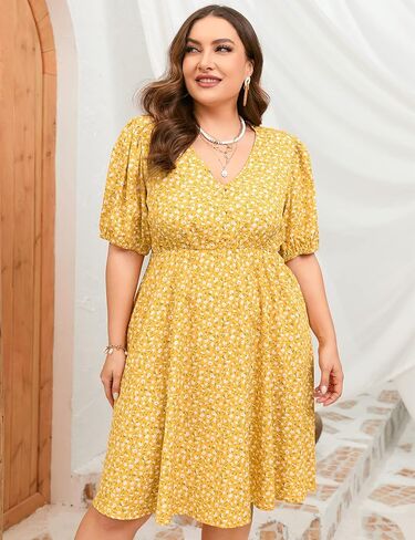 فستان ShopWonder صيفي مقاس كبير للنساء مقاس كبير ورقبة على شكل V فستان زهري وأكمام منتفخة مع جيوب in Kuwait