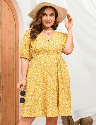 فستان ShopWonder صيفي مقاس كبير للنساء مقاس كبير ورقبة على شكل V فستان زهري وأكمام منتفخة مع جيوب in Kuwait