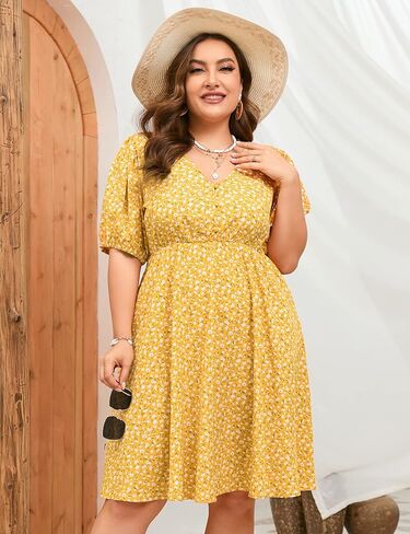 فستان ShopWonder صيفي مقاس كبير للنساء مقاس كبير ورقبة على شكل V فستان زهري وأكمام منتفخة مع جيوب in Kuwait