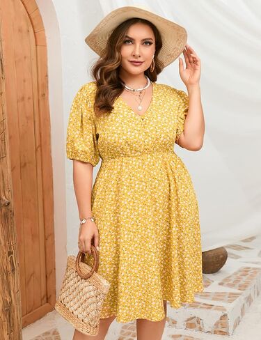 فستان ShopWonder صيفي مقاس كبير للنساء مقاس كبير ورقبة على شكل V فستان زهري وأكمام منتفخة مع جيوب in Kuwait