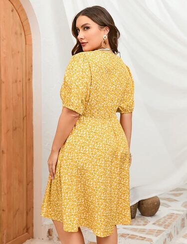 فستان ShopWonder صيفي مقاس كبير للنساء مقاس كبير ورقبة على شكل V فستان زهري وأكمام منتفخة مع جيوب in Kuwait