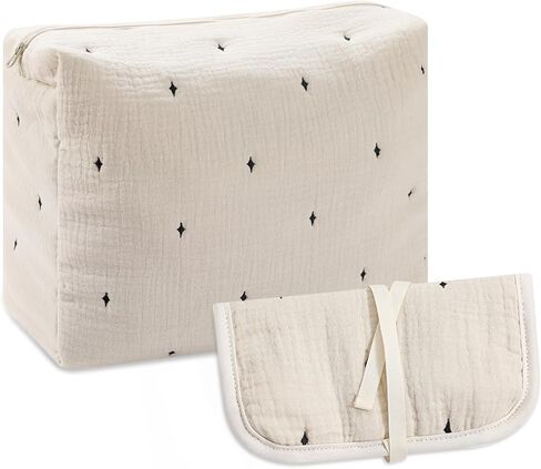 حقيبة مكياج قطنية من ليتل جريب لاند، حقيبة مستحضرات تجميل للسفر مكونة من 3 قطع، حقيبة فرش مكياج قطنية مطرزة بنجوم لطيفة للنساء والفتيات - بيج، كبيرة ومتوسطة وصغيرة in Kuwait