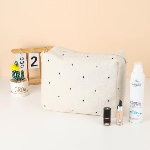 حقيبة مكياج قطنية من ليتل جريب لاند، حقيبة مستحضرات تجميل للسفر مكونة من 3 قطع، حقيبة فرش مكياج قطنية مطرزة بنجوم لطيفة للنساء والفتيات - بيج، كبيرة ومتوسطة وصغيرة in Kuwait