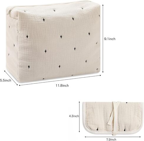 حقيبة مكياج قطنية من ليتل جريب لاند، حقيبة مستحضرات تجميل للسفر مكونة من 3 قطع، حقيبة فرش مكياج قطنية مطرزة بنجوم لطيفة للنساء والفتيات - بيج، كبيرة ومتوسطة وصغيرة in Kuwait