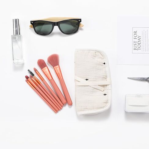 حقيبة مكياج قطنية من ليتل جريب لاند، حقيبة مستحضرات تجميل للسفر مكونة من 3 قطع، حقيبة فرش مكياج قطنية مطرزة بنجوم لطيفة للنساء والفتيات - بيج، كبيرة ومتوسطة وصغيرة in Kuwait