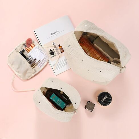 حقيبة مكياج قطنية من ليتل جريب لاند، حقيبة مستحضرات تجميل للسفر مكونة من 3 قطع، حقيبة فرش مكياج قطنية مطرزة بنجوم لطيفة للنساء والفتيات - بيج، كبيرة ومتوسطة وصغيرة in Kuwait