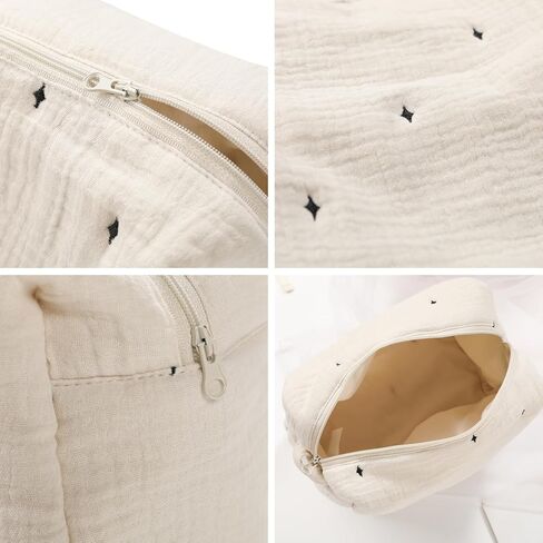 حقيبة مكياج قطنية من ليتل جريب لاند، حقيبة مستحضرات تجميل للسفر مكونة من 3 قطع، حقيبة فرش مكياج قطنية مطرزة بنجوم لطيفة للنساء والفتيات - بيج، كبيرة ومتوسطة وصغيرة in Kuwait