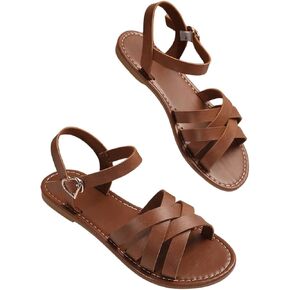Verdusa Women's Crisscross Strappy Leather Sandals Summer Open Toe Roman Flat Sandals