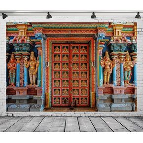 CORFOTO 7x5ft Fabric Colorful India Tanjore Temple Door Backdrop Old India Religion Building Photo Background for Indian Birthday Decorations Adults Photo Prop Indian Themed Party Decor