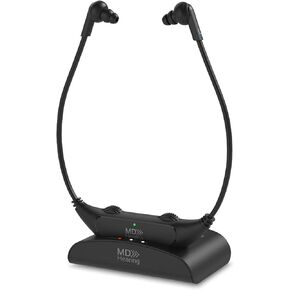 سماعات الرأس QuietTV اللاسلكية للتلفزيون من MDHearing، سماعة تلفزيون مريحة، التوصيل والتشغيل، قابلة للشحن، مثالية لكبار السن، تساعد على السمع، تتضمن قاعدة شحن ومجموعتين من سماعات الرأس