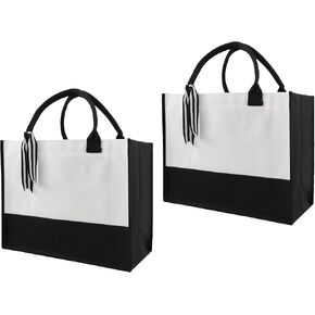 4 PCS classic black and white patchwork canvas tote bags, DIY personalized blank beach shopping bag for women, Mom, friend birthday gift