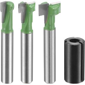 uxcell 1/4" Shank Keyhole Router Bit Set 5/16" 3/8" 1/2" Diameter with 1/2" to 1/4" Router Collet Adapter, Carbide Tipped Wood Milling T-Slot Cutter