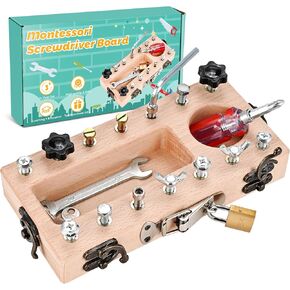 Wooden Montessori Toys for 3 4 5 Year Old, Montessori Screwdriver Board Set with Lock and Key Toy, Educational Sensory Learning Toys STEM Fine Motor Skills Toys