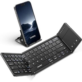 Samsers Foldable Bluetooth Keyboard with Touchpad, Full-Size Wireless Folding Keyboard with PU Leather, Support 3 Devices (BT5.1 x 3), Portable Travel Keyboard for iOS Android Windows Mac OS, Black