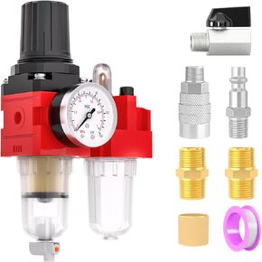 Air Compressor Moisture Filter, AC2010-02M Air Line Filter, 1/4" NPT Inlet with 150 PSI Gauge and Valve Shut Off Switch for Air Tools and Spray Paint Gun, Manual Drain