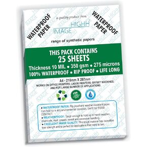 WATERPROOF PAPER | 25 SHEETS, THICKNESS 10 MIL LB, 225 LB, 275 MICRONS SYNTHETIC PAPER, 8.5X11 from HIGHH IMAGE | PRINT WITH LASER PRINTERS | OFFICE PRINTERS