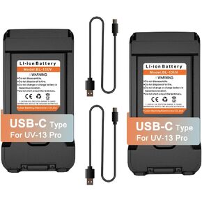 BAOFENG 2 Packs BL-13UV Battery USB-C Charging Enlarge Original Li-ion Battery Rechargeable DC7.4V for GM-15 Pro UV-13 Pro P15UV UV88 UV98 with Type-c Cables