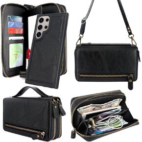Harryshell Compatible with Samsung Galaxy S24 Ultra 5G Case Wallet Multi Zipper Detachable Magnetic Cover Purse with Card Slots Holder Mirror Crossbody Wrist Strap for S24 Ultra 6.8 inch (Black)