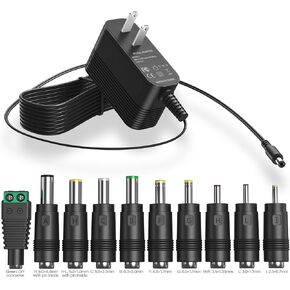 18V Power Supply 18V DC Power Cord 18V 1000mA Charger with 10 Interchangeable Jacks Universal Adapter for LED Strip Light, CCTV Camera, BT Speaker, GPS, Webcam, Router DC, 5FT 18V Transformer
