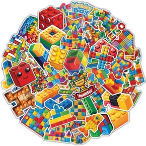 100Pcs Building Block Stickers, Colorful Bricks Waterproof Decals for Water Bottles Laptop Luggage Computer Scrapbooking Teens Adults Girls Kids Funny Party Birthday Decorations