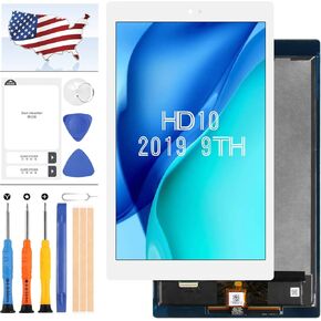 Screen Replacement for Amazon Fire HD 10 HD10 2019 9th Gen M2V3R5 LCD Display Touch Screen Digitizer Assembly Matrrix Full Glass Panel Lens Kits with Free Repair Tools (White)