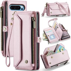 for Google Pixel 9 Pro XL Case, Women Men Multi-Function Wallet Case with Stand RFID Blocking Featuring Magnetic Closure Zipper Includes Shoulder Strap Wrist Strap (Purple)