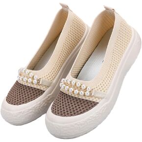 Women's Knit Pearl Platform Loafers Lightweight Comfortable Anti-Collision Round Toe Slip-On Soft Bottom Flat Shoes Casual Walking Mom Shoes