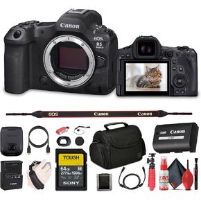 Canon EOS R5 Mark II Mirrorless Camera, 45MP, Full-Frame Hybrid Camera, 8K Video (6536C002) + 64GB SF-M Tough Series Memory Card + Bag + Card Reader + Flex Tripod + Cleaning Kit + More (Renewed)