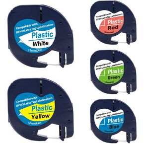 Compatible Dymo Letratag Refills 91201 91202 91203 91204 91205 Label Maker Tape Plastic 12mm x 4m 1/2" x 13', for Dymo Letra Tag LT-100H LT-100T Plus 200B QX50 Black on White Yellow Red Blue Green